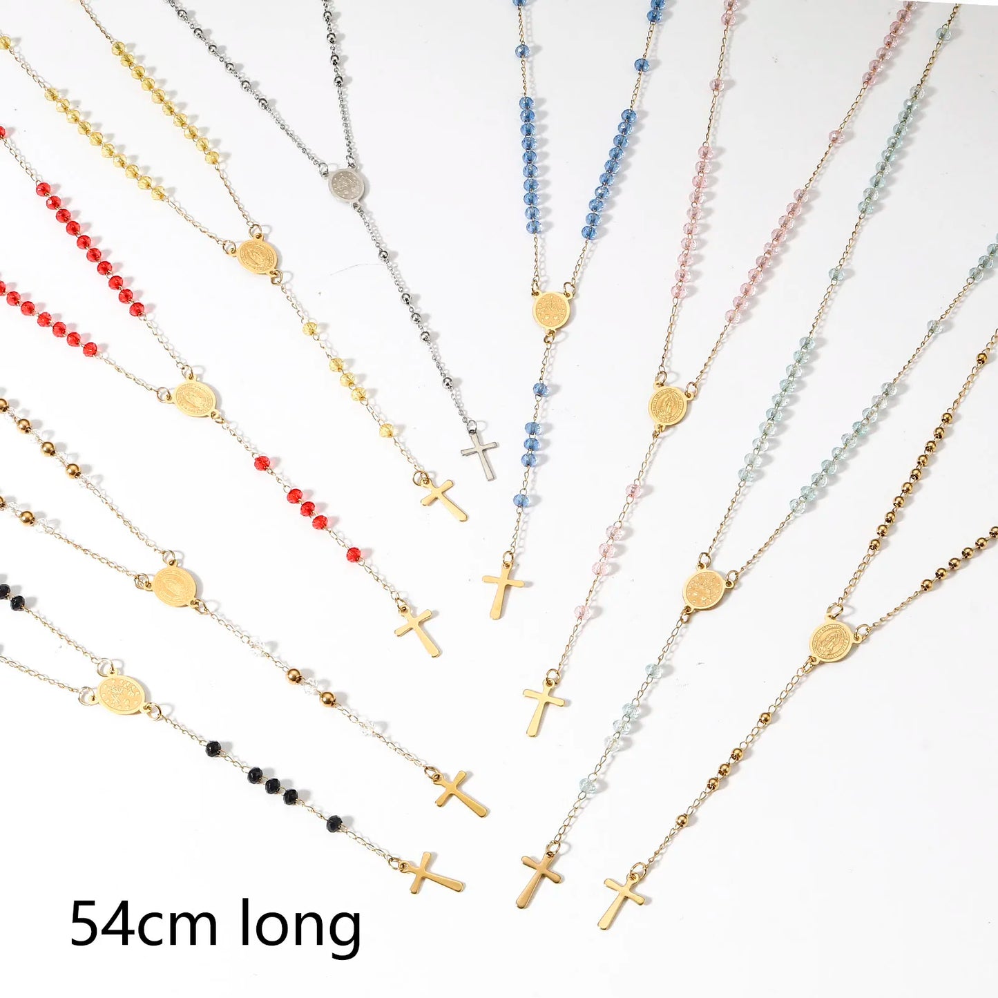 1 Piece 304 Stainless Steel & Glass Religious Handmade Link Chain Necklace Gold Color Cross Virgin Mary Charm 54cm(21 2/8") long