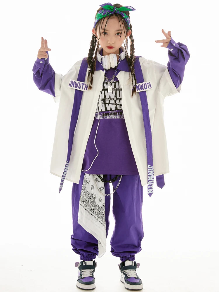 Jazz Dance Clothes Girls Hip Hop Costume Loose Coat Purple Pants Boys Breaking Street Dance Outfit Long Sleeves Suit