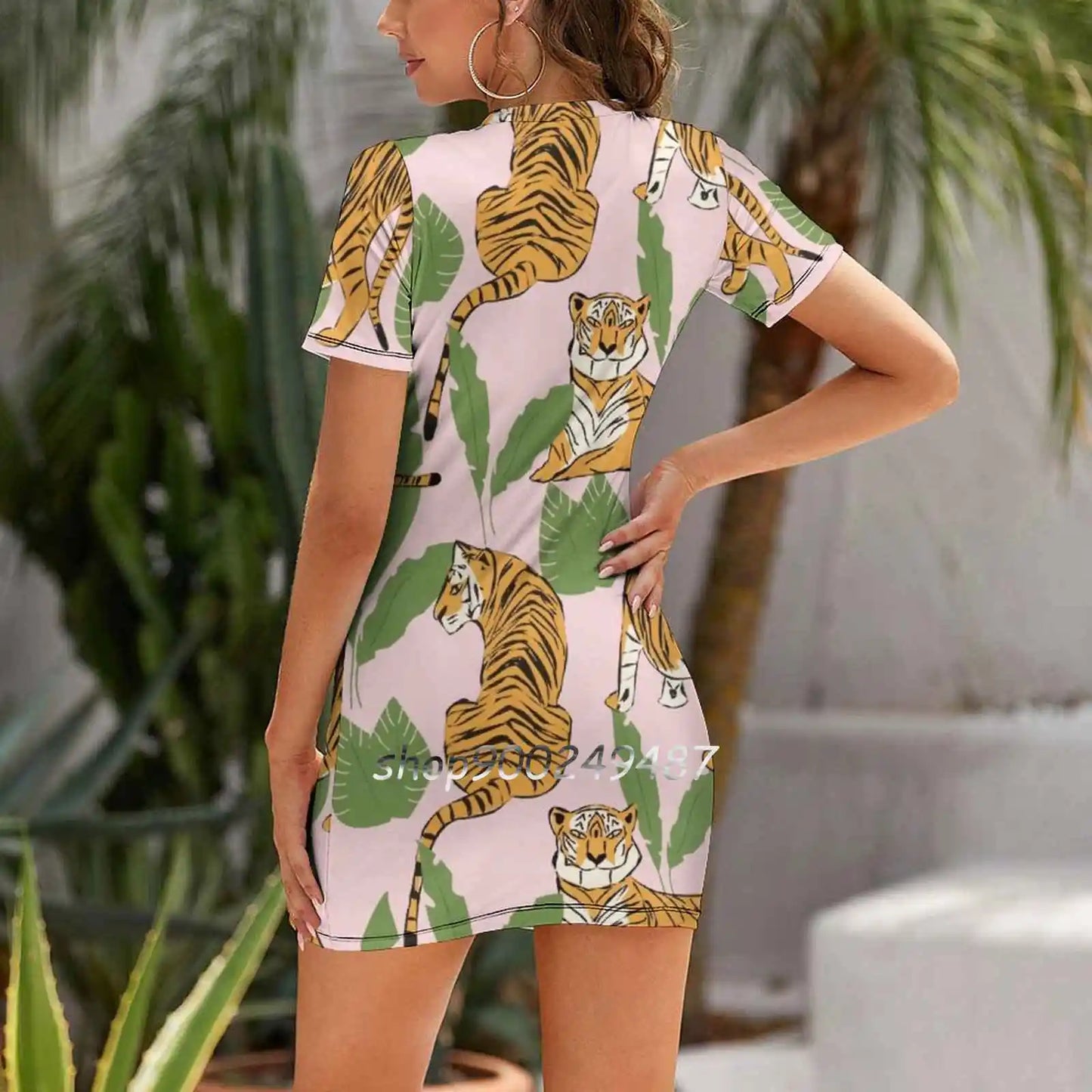 Tiger Pattern 008 Square Neck Dress Sweet Summer Dress Women Elegant Halter Print Dress Tiger Seamless Pattern Big Cat Hand