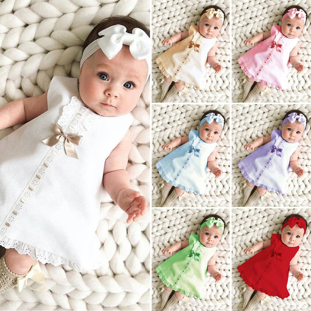 New Maxi Bow Dress+headband Set Newborn Baby Girl Sleeveless Outfit Bowknot Ruffle Red Clothes Baby Summer Dresses For Girls