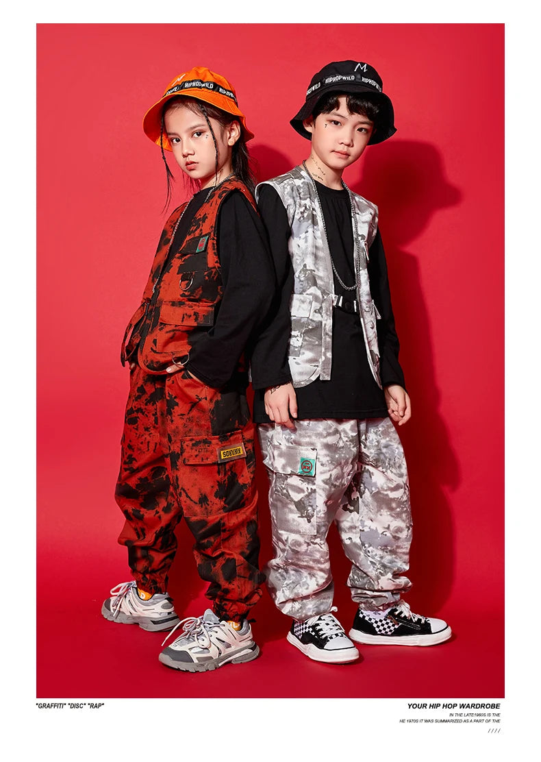 Modern Hip Hop Dance Clothes Kids Costume Camouflage Vest Pants Girls Long Sleeves Suit Boys Street Dance Outfit Rave Wear L9730