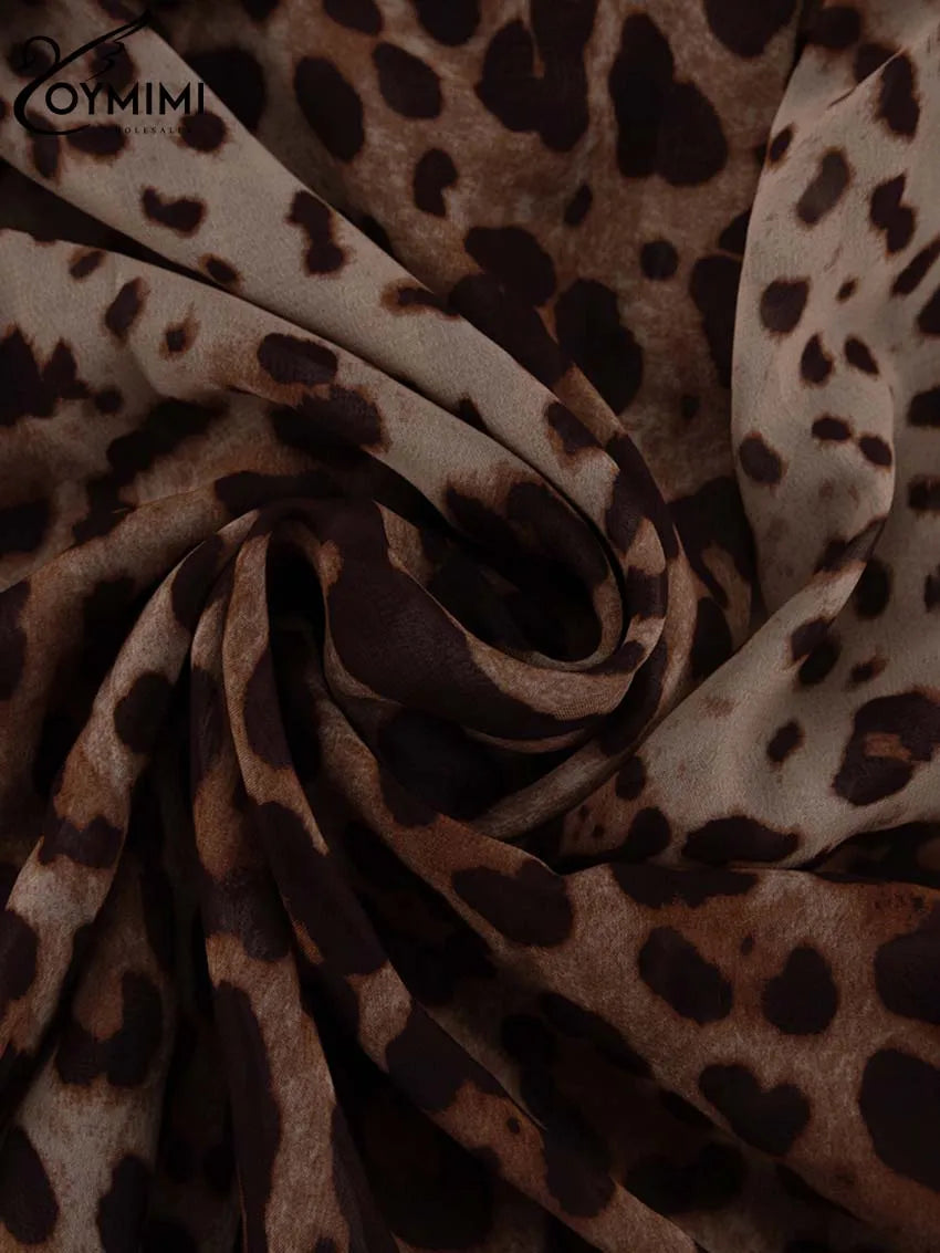 Oymimi Fashion Brown Leopard Print Sets For Women 2 Pieces Elegant Puff Sleeve Button Shirts And Drawstring Shorts Female Sets