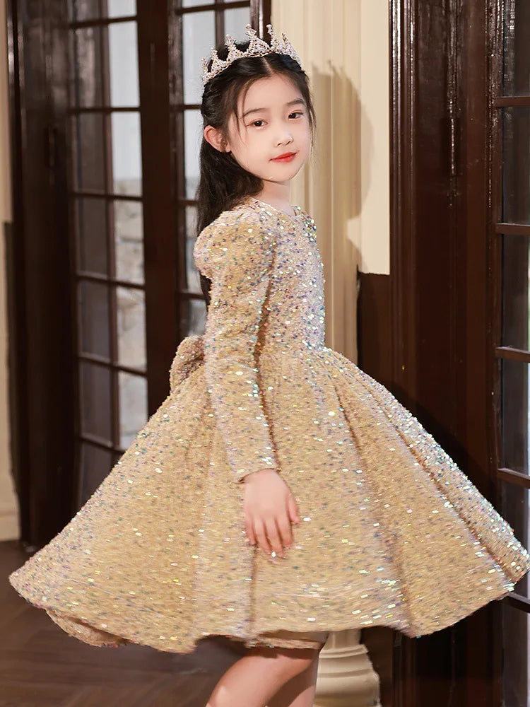 3-14 Yrs Flower Girls Dress Wedding Birthday Dress Golden Sequin Lace First Communion Dresses for Girls Baptism Party Vestidos