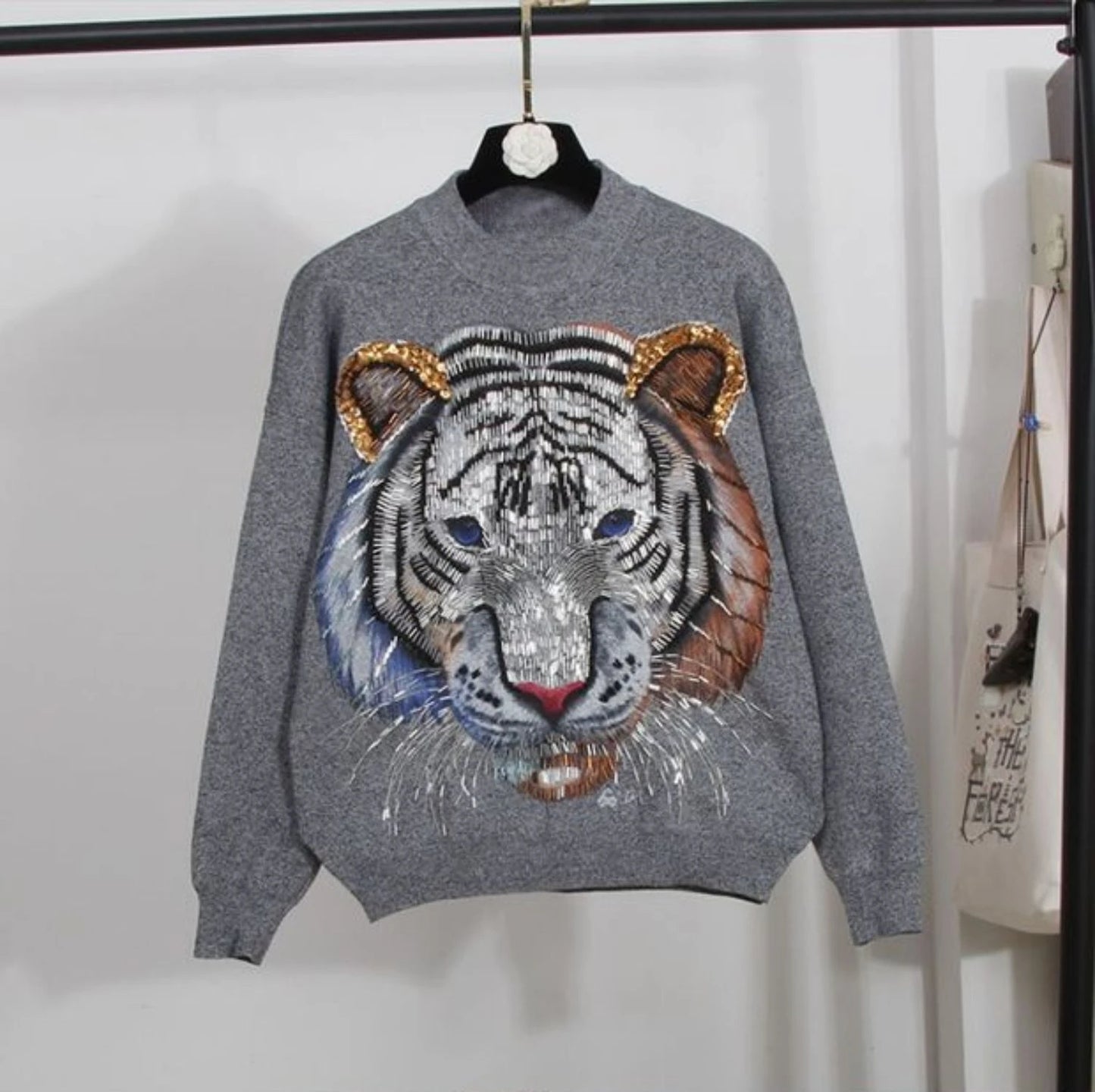 2024 Autumn Winter New European Pant Sets Fashion Tiger Head Bead Loose Knitted Sweater Radish Pants Set Women's Two-piece Set