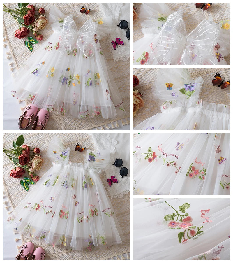 0-5 Years Girls' Dress Butterfly Dress for Summer New Flying Sleeve Mesh Princess Dress Baby Girls Floral Embroidery Clothes