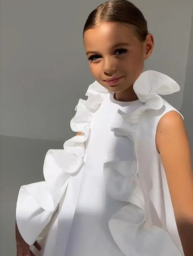 Girl Summer New Dress Sleeveless Ruffles Princess Wedding Luxury Kids Fashion Clothes Brithday Show Vestidos Outfit Wz1326