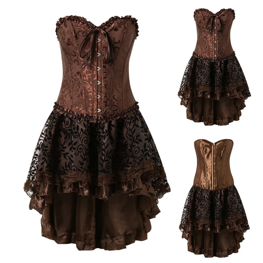 Brown Pirate Corset Dress Steampunk Leather Overbust Corset Top With Dress Plus Size Burlesque Viking Costume for Women