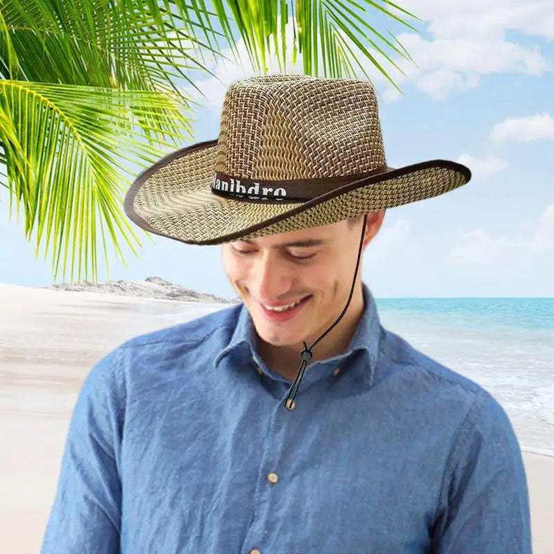 Men's Straw Hat Cowboy Sun Straw Hats Outdoor UV Protection Sun Cap Western Summer Cowboy Hat For Gardening Travel Hiking