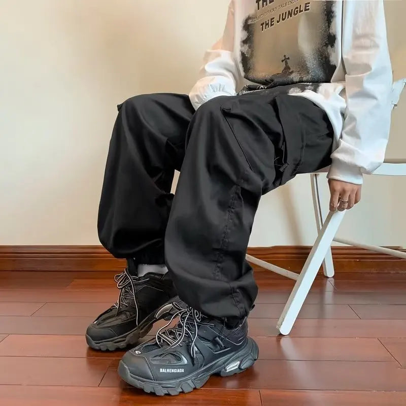 Cargo Pants Men Baggy Pleated Multi Pockets American Style Males Trousers Hip Hop Skateboard Boys High Street Autumn All-match