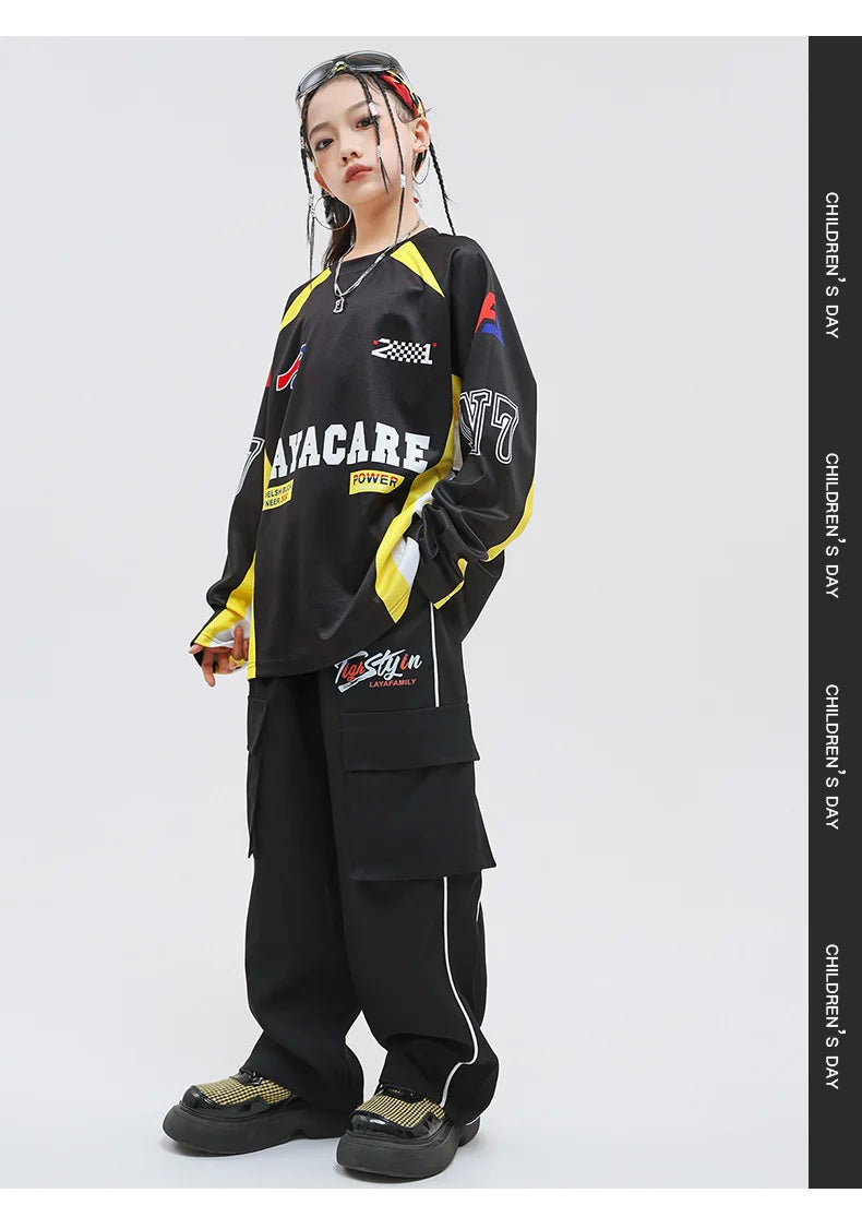 Kid Hip Hop Clothing Yellow Racing Long Sleeve T Shirt Vest Black Casual Cargo Pants for Girls Boys Jazz Dance Costume Clothes