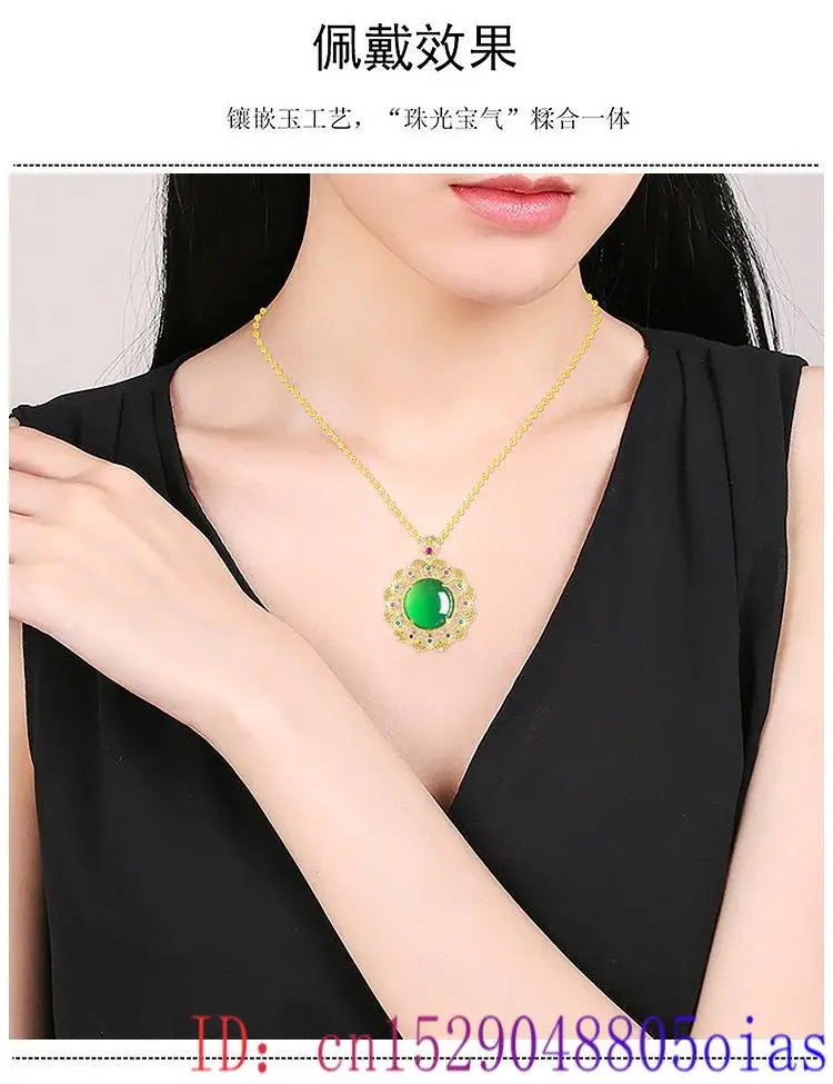 Green Real Jade Agate Flower Pendant Necklace Gifts for Women Fashion Natural Jewelry Amulet 18K Gold Plated Carved Accessories