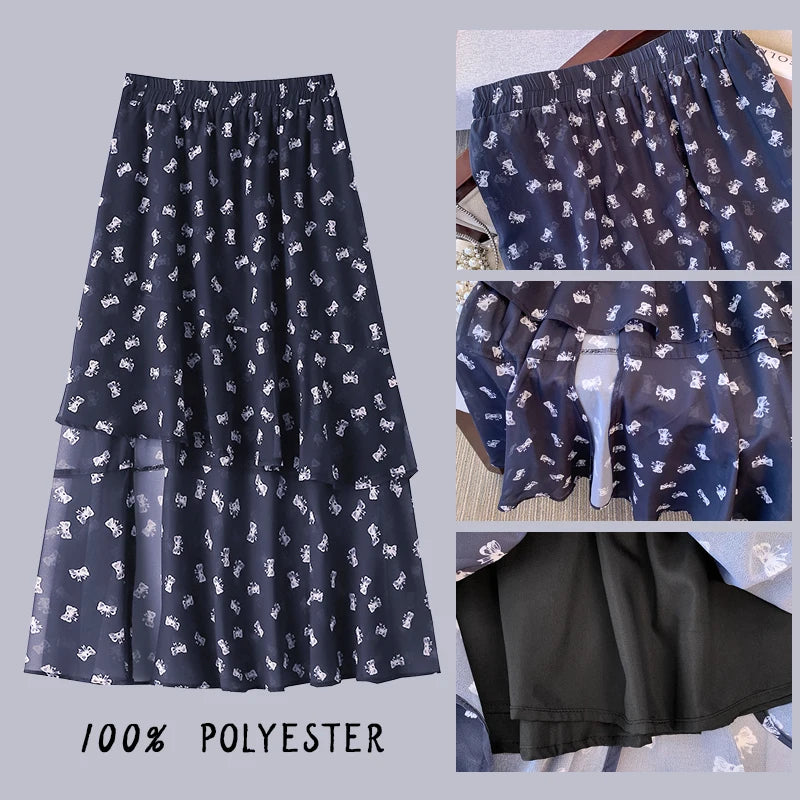 Plus-size Women's summer casual commuting loose comfort chiffon skirt Black print irregular high waist lined long skirt large