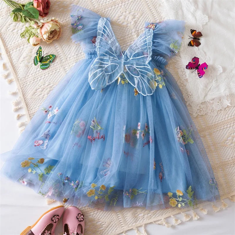 0-5 Years Girls' Dress Butterfly Dress for Summer New Flying Sleeve Mesh Princess Dress Baby Girls Floral Embroidery Clothes