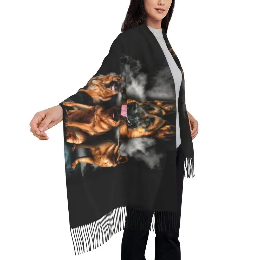German Shepherd Courage Scarf Wrap Women Long Winter Fall Warm Tassel Shawl Unisex Alsatian Wolf Dog Lover Scarves