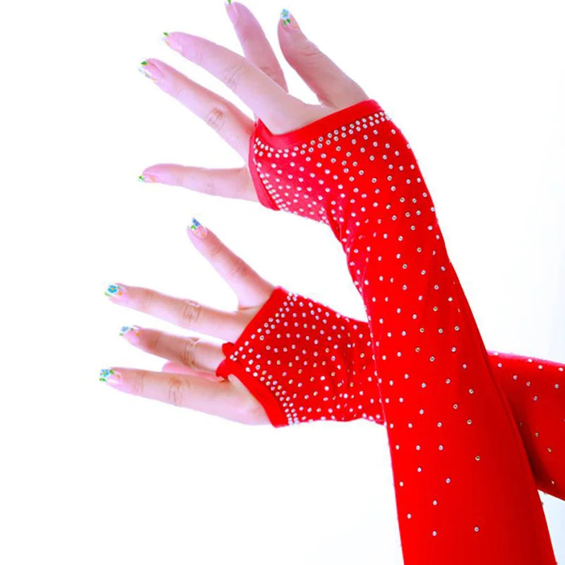 Sexy Lace Rhinestone Gloves 42CM Long Cosplay Full Finger Women Nightclub Pole Dance Mittens Latin Dance Half Finger Arm Sleeves