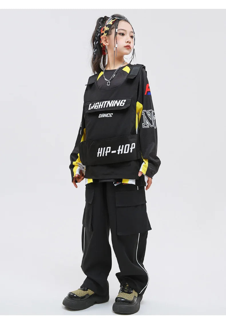 Kid Hip Hop Clothing Yellow Racing Long Sleeve T Shirt Vest Black Casual Cargo Pants for Girls Boys Jazz Dance Costume Clothes
