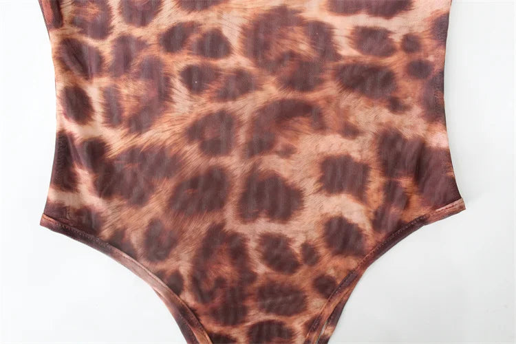 Ahagaga Fashion Club Leopard Printed Sexy Women Bodysuits Casual O-neck Slim Sheath Rompers T Shirts Streetwear Full Sleeve Tops