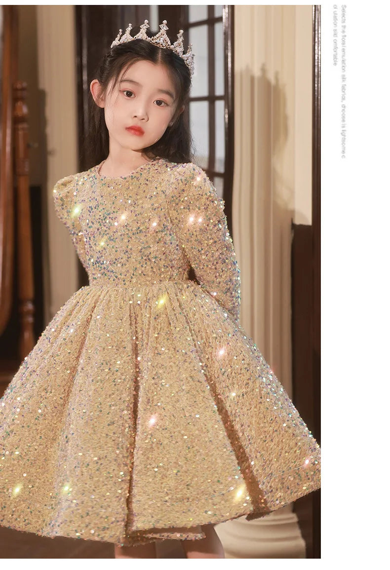 3-14 Yrs Flower Girls Dress Wedding Birthday Dress Golden Sequin Lace First Communion Dresses for Girls Baptism Party Vestidos