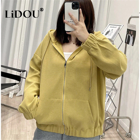 2022 Autumn New Fashion Temperament Korean Plus Size Hoodies Women Loose Casual Waffle Sweatshirt Jacket Solid Elegant Cardigan