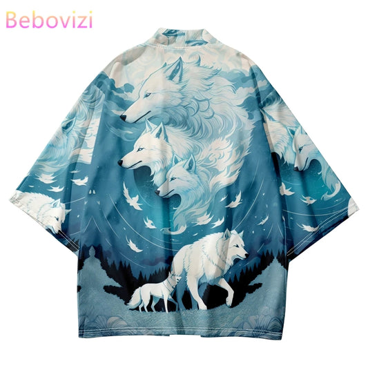 Summer Japanese Anime White Wolf Print Kimono Unisex Shirts Blouses Beach Wear Haori Cardigan Cloak Tops Coat 6XL 5XL 4XL