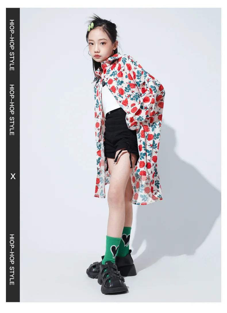 New Kids Street Dance Hip Hop Clothing Boys Girls Loose Long Sleeves Shirt Black Pants Casual Rave Clothes Teenagers Stage Wear