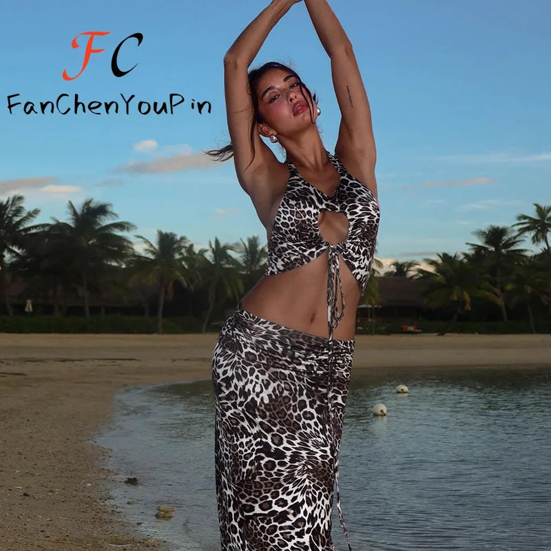 2024 Summer Women's Dress Set Elegant Sexy Backless Sleeveless Lace-up Top Slim Fit Long Skirt Leopard Print Suit Holiday Beach