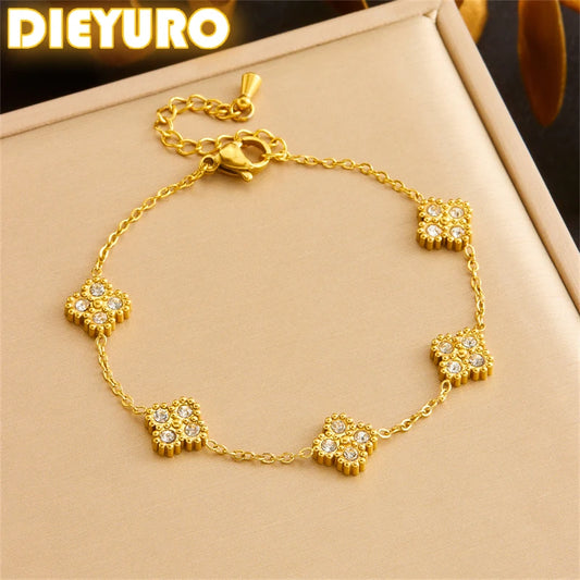 DIEYURO 316L Stainless Steell  Zircon Splicing Golden Flowers Bracelet For Women Girl New Popular Trend Hand Chain Jewelry Gift