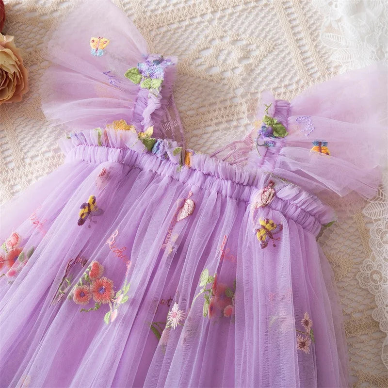 0-5 Years Girls' Dress Butterfly Dress for Summer New Flying Sleeve Mesh Princess Dress Baby Girls Floral Embroidery Clothes
