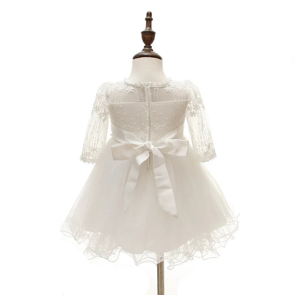 0-24 Months Long Sleeve Baby Girl Dress Infant Toddler Birthday Party Dresses Little Girls White Wedding Baptism Dress 8515
