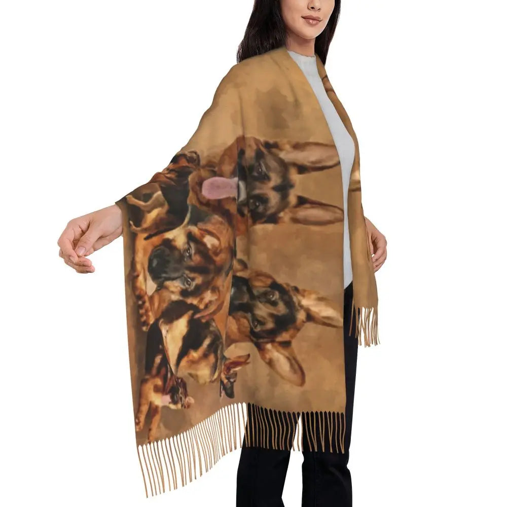 German Shepherd Courage Scarf Wrap Women Long Winter Fall Warm Tassel Shawl Unisex Alsatian Wolf Dog Lover Scarves