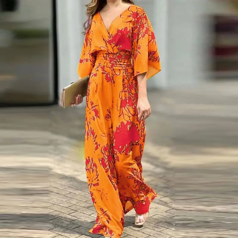 Plus Size 5XL VONDA Women Summer Jumpsuits Sexy V-Neck Flare Sleeve Printed Long Romper Casual High Elastic Waist Playsuits