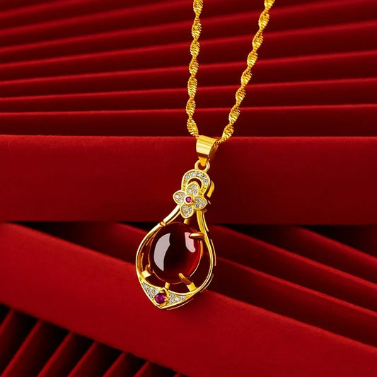 Water Drop Red Crystal Pendant Necklace Women 24K Real Gold Plated 45cm Woolen Chain Four-leaf Clover Ruby Pendant Women Gift