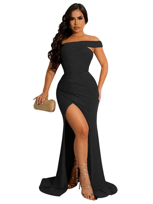 Autumn Casual Dresses for Women Off Shoulder Irregular Pleated Evening Dress Vestidos De Mujer Casual Elegant Maxi Robe Female