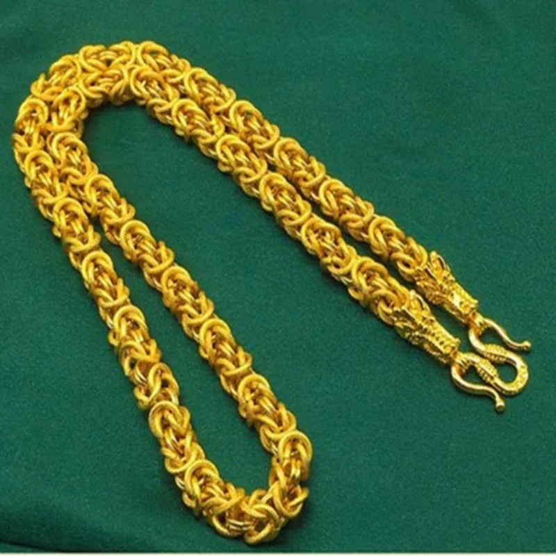 New Pure 24k Thai Large 100% Real 999 Gold Plated 18k Chain Dragon Head Wide Necklace 70cm Long for Male for Women's Gifts