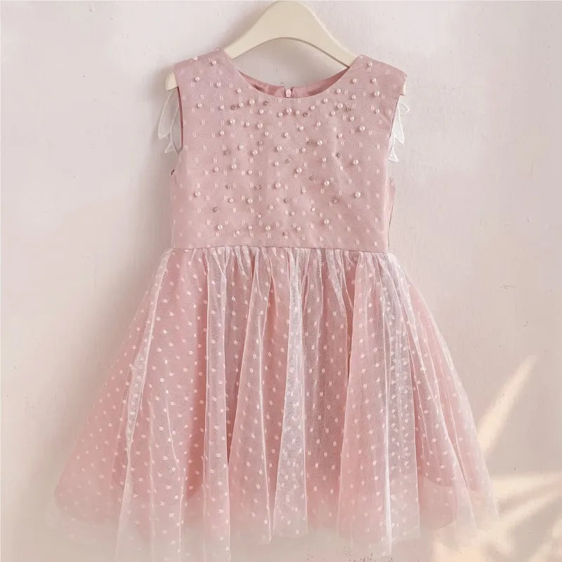 Baby Girl Princess Angel Wing Dress Infant Toddler Child Sleeveless Pearl Vestido Party Pageant Birthday Baby Clothes 1-12Y