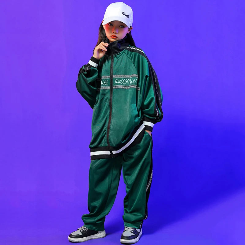 Kids Hip Hop Clothing Green Long Sleeves Outfit Coat Pants Boys Girls Modern Street Dance Costume Concert Show Clothing BL9005