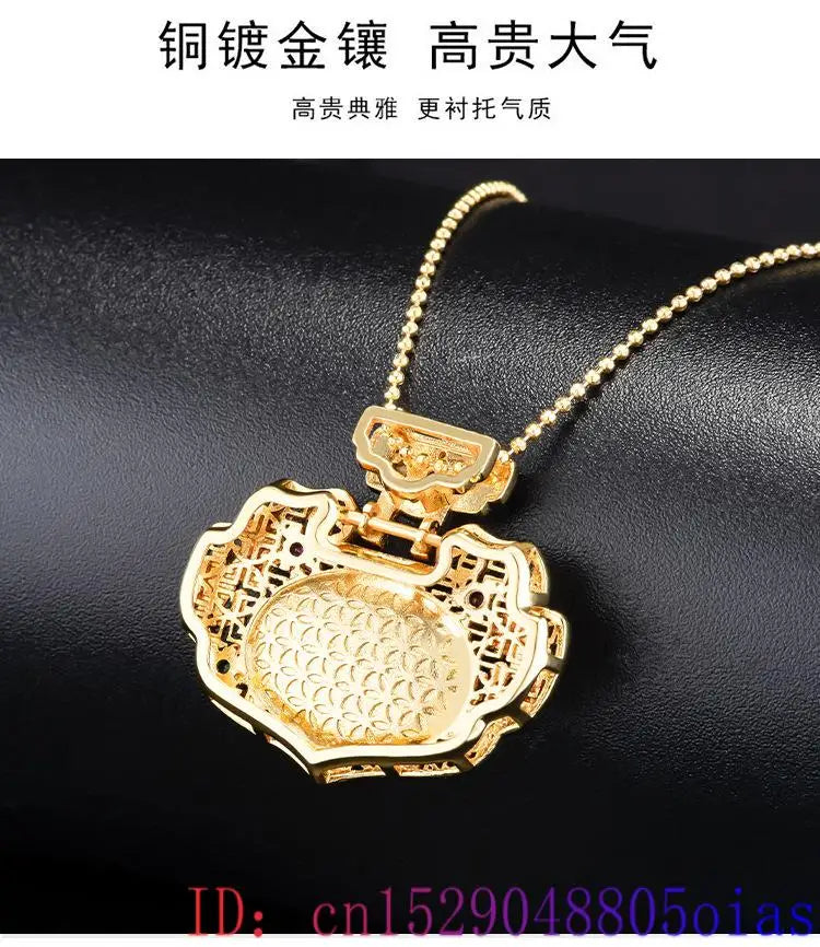 Green Real Jade Ruyi Pendant Necklace Gifts for Women Fashion Choker 18K Gold Plated Men Natural Jewelry Stone Vintage Charm
