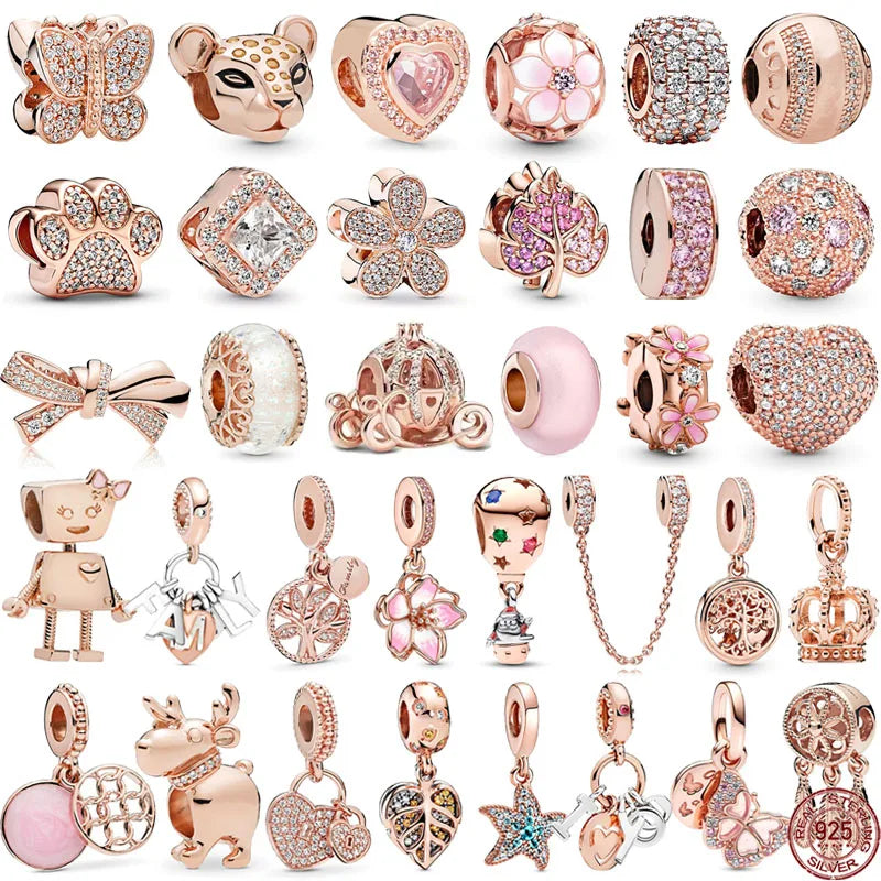 PANDORA Rose Gold Series 925 Sterling Silver Brilliant Heart shaped Round Pumpkin Car Pendant fit Original Bracelet DIY Gifts