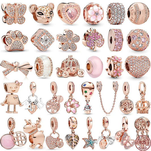 PANDORA Rose Gold Series 925 Sterling Silver Brilliant Heart shaped Round Pumpkin Car Pendant fit Original Bracelet DIY Gifts