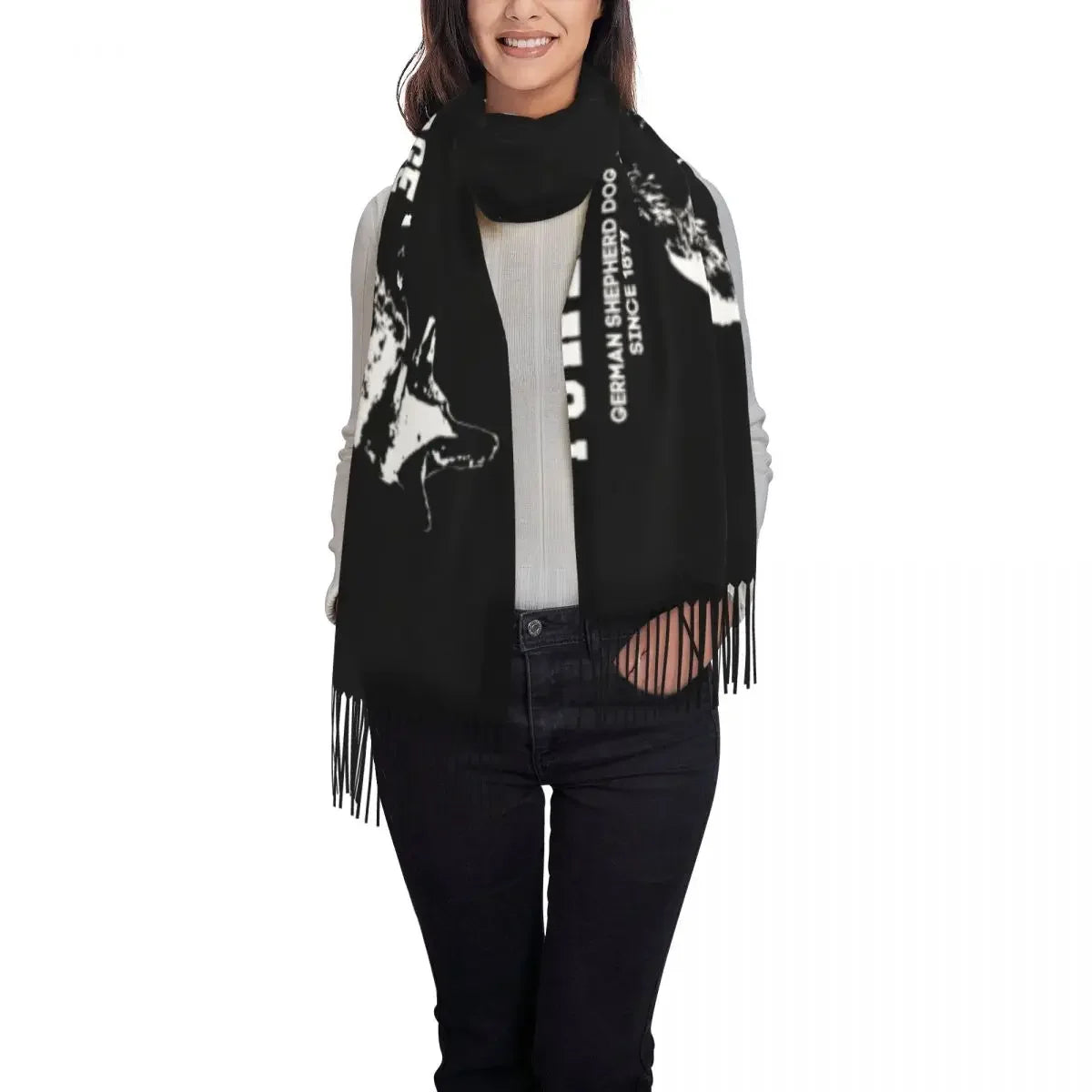 German Shepherd Courage Scarf Wrap Women Long Winter Fall Warm Tassel Shawl Unisex Alsatian Wolf Dog Lover Scarves
