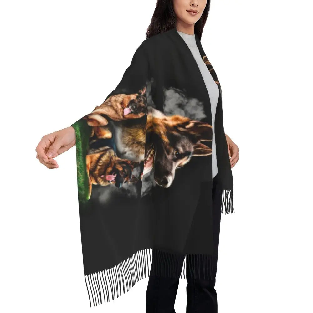 German Shepherd Courage Scarf Wrap Women Long Winter Fall Warm Tassel Shawl Unisex Alsatian Wolf Dog Lover Scarves