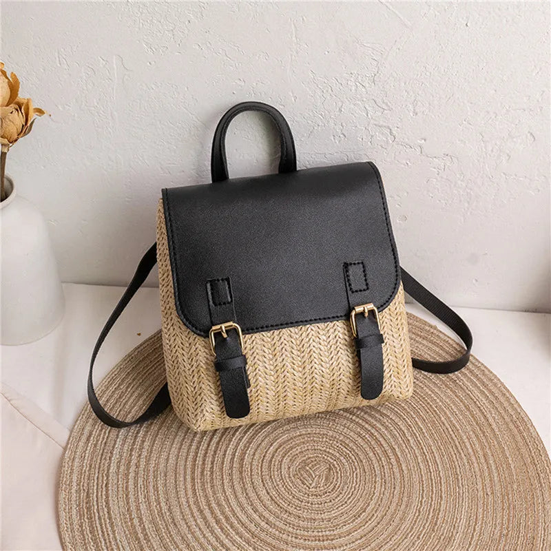 Fashion Women's Shoulder Bag Vintage Straw Woven Bag PU Leather Shoulder Bag Elegant Luxury Versatile Designer Backpack Mochilas