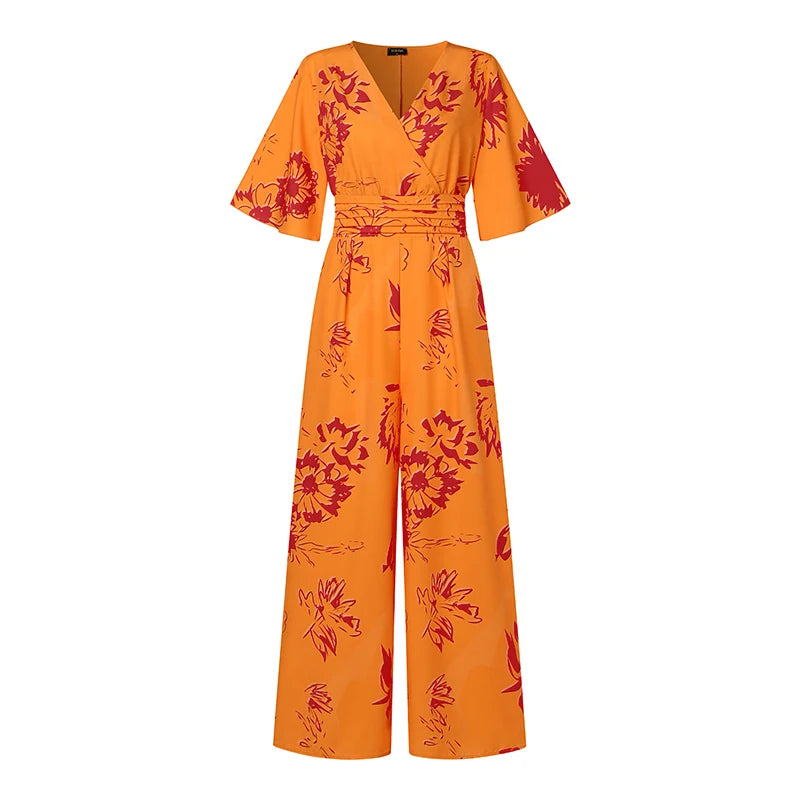 Plus Size 5XL VONDA Women Summer Jumpsuits Sexy V-Neck Flare Sleeve Printed Long Romper Casual High Elastic Waist Playsuits