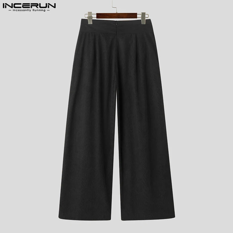 INCERUN American Commuting Men Long Loose Pants 2024 Handsome Boy High Waist Solid Color Trousers Fold Cross Wide Leg Bottoms