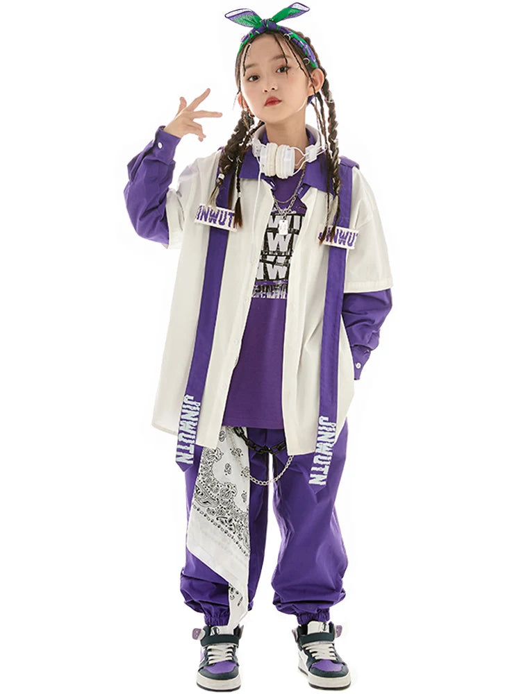 Jazz Dance Clothes Girls Hip Hop Costume Loose Coat Purple Pants Boys Breaking Street Dance Outfit Long Sleeves Suit