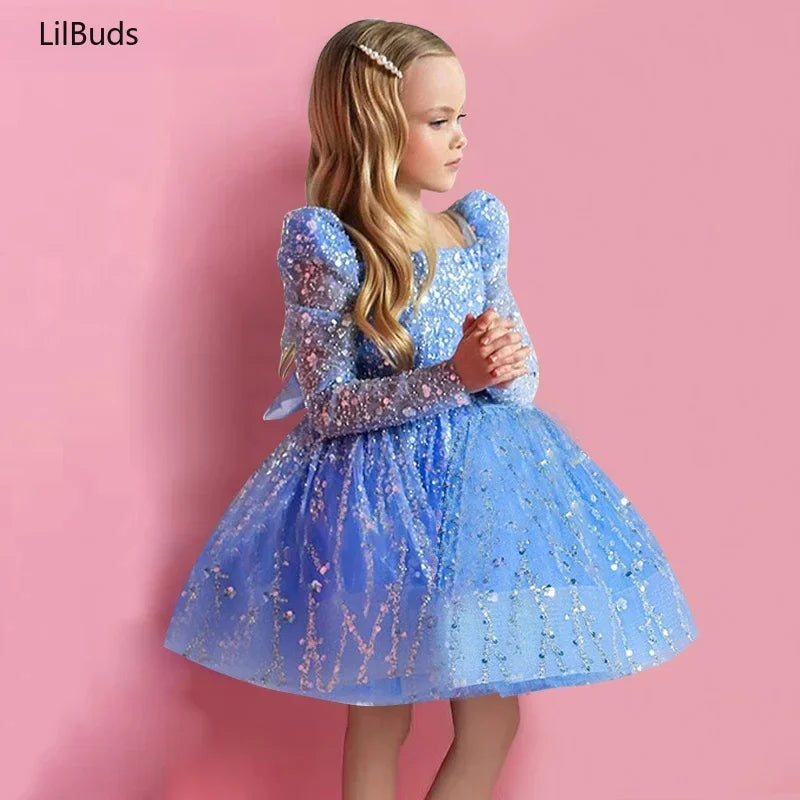 2024 Girls Dress Sequin Mesh Long-sleeved Birthday Party Outfit  New children's Clothes Matching Baby Opening Ceremony Prom