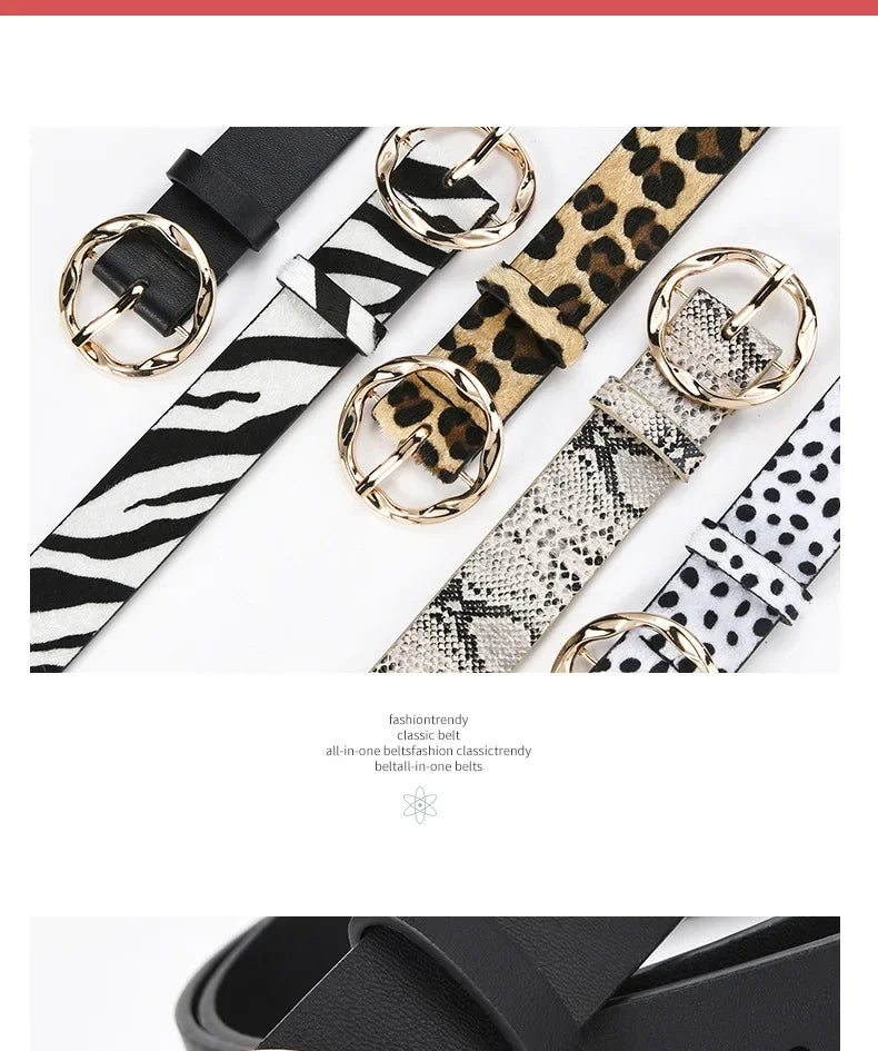 2023 New Women  Leopard Snake Zebra Pattern Snakeskin Cos Skin Cricle Pin Golden Buckle Belts for Dress Jeans Suits