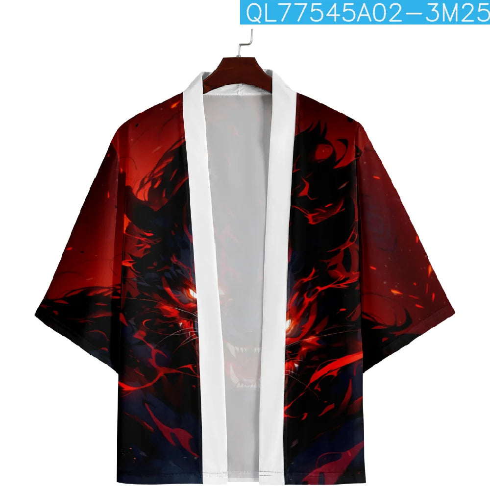 Anime Wolf Print Japanese Cosplay Kimono Yukata Men Women Fashion Cardigan Blouse Haori Obi Asian Clothes Harajuku