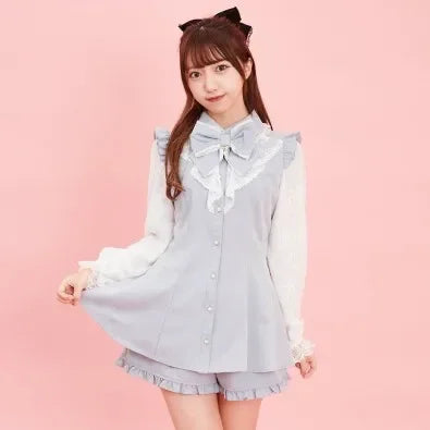 SC Suit Japanese Mine Mass-Produced Lolita Girl Sweet Bow Lace Long Sleeve Shirt Dress Shorts Culottes 2 Piece Set Women Outfits