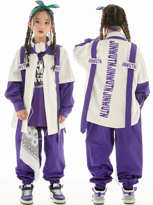 Jazz Dance Clothes Girls Hip Hop Costume Loose Coat Purple Pants Boys Breaking Street Dance Outfit Long Sleeves Suit